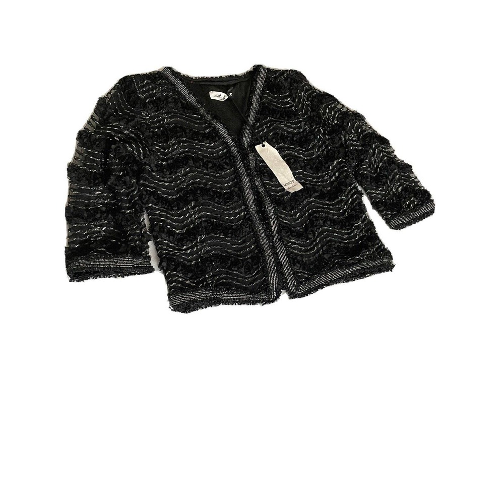 Miho's Italy Women's Black Silver Lace Blazer Size Large 3/4 Sleeve Fully Lined